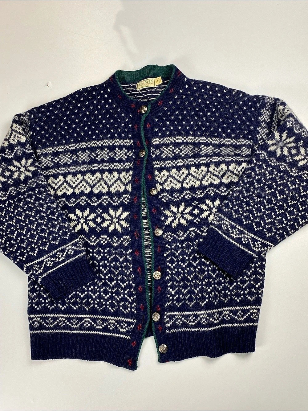 Vintage L.L.Bean Norwegian Sweater Fair Isle Cardigan Blue White - XL